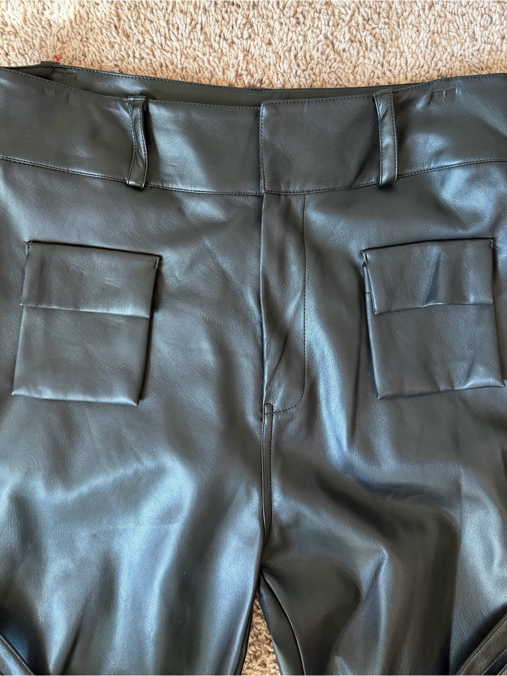Maniere De Voir Black Faux Leather Cargo Pants with Flap Pockets